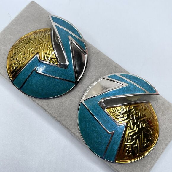 Unique Vintage Edgar Berebi Enamel Silver Tone Statement Stud Earrings Pierced